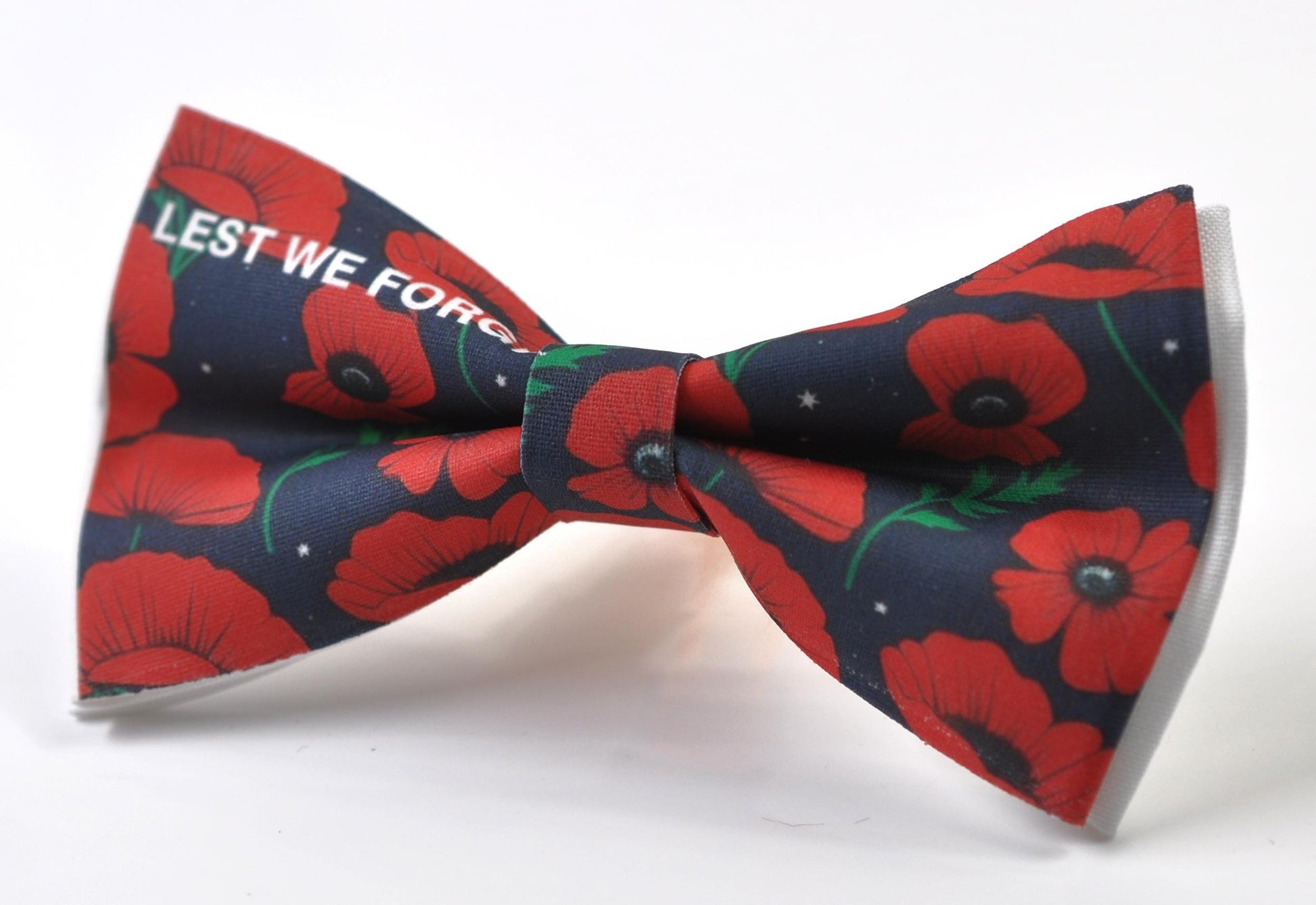Anzac Day LEST WE FORGET Poppy Cotton Bow tie + Navy Blue Elastic Suspenders Braces for Men / Youth Teenage / Boy Kids / Baby Infant Todler
