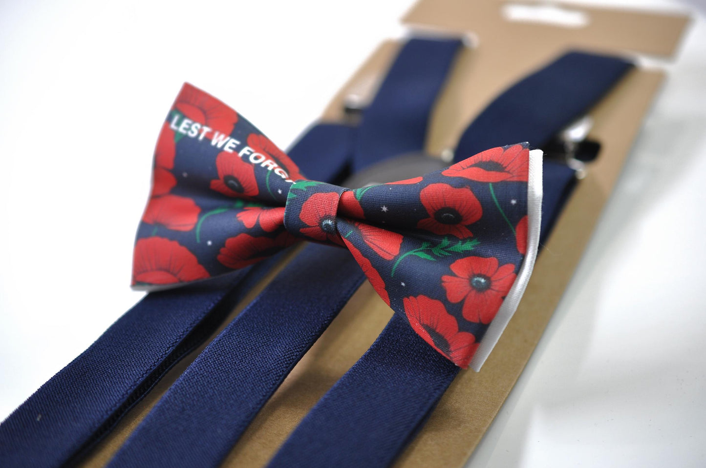 Anzac Day LEST WE FORGET Poppy Cotton Bow tie + Navy Blue Elastic Suspenders Braces for Men / Youth Teenage / Boy Kids / Baby Infant Todler