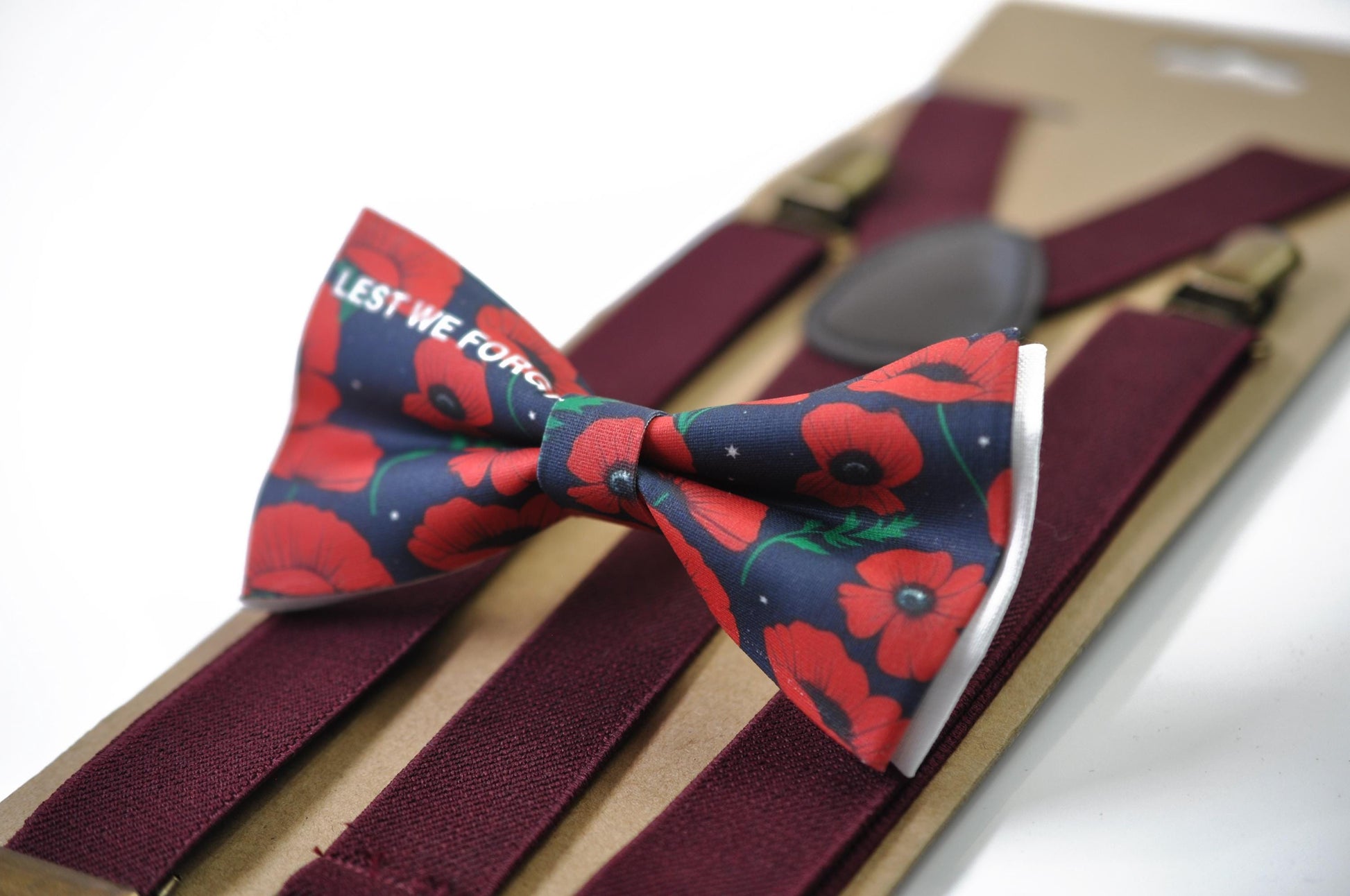 Anzac Day LEST WE FORGET Poppy Cotton Bow tie + Wine Red Elastic Suspenders Braces for Men / Youth Teenage / Boy Kids / Baby Infant Todler
