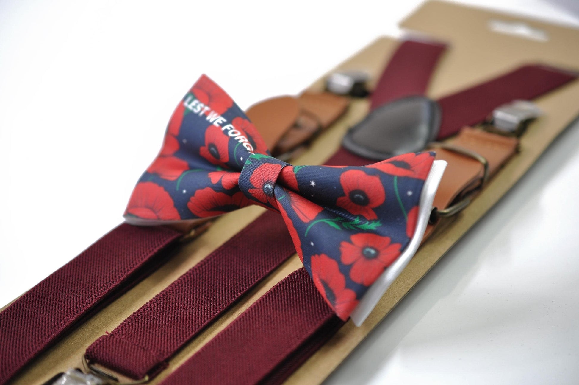 Anzac Day LEST WE FORGET Poppy Cotton Bow tie + Wine Red Elastic Suspenders Braces for Men / Youth Teenage / Boy Kids / Baby Infant Todler