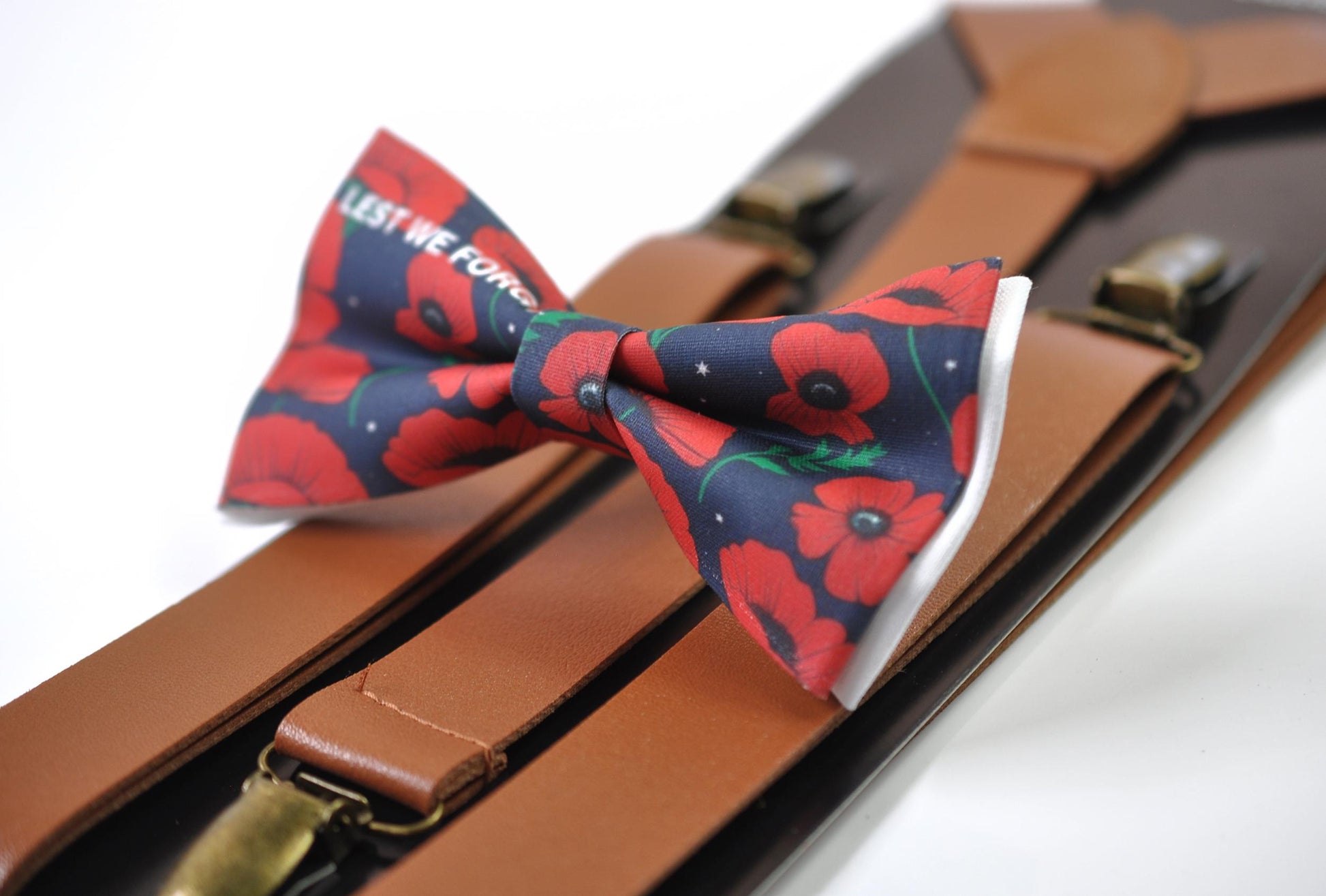 Anzac Day LEST WE FORGET Poppy Cotton Bow tie + Tan Faux Leather Suspenders Braces for Men / Youth Teenage / Boy Kids / Baby Infant Todler