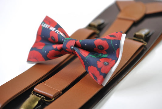 Anzac Day LEST WE FORGET Poppy Cotton Bow tie + Tan Faux Leather Suspenders Braces for Men / Youth Teenage / Boy Kids / Baby Infant Todler