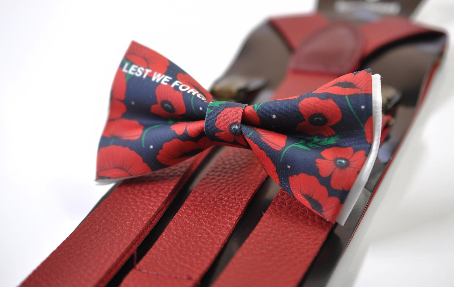 Anzac Day LEST WE FORGET Poppy Cotton Bow tie + Wine Faux Leather Suspenders Braces for Men / Youth Teenage / Boy Kids / Baby Infant Todler
