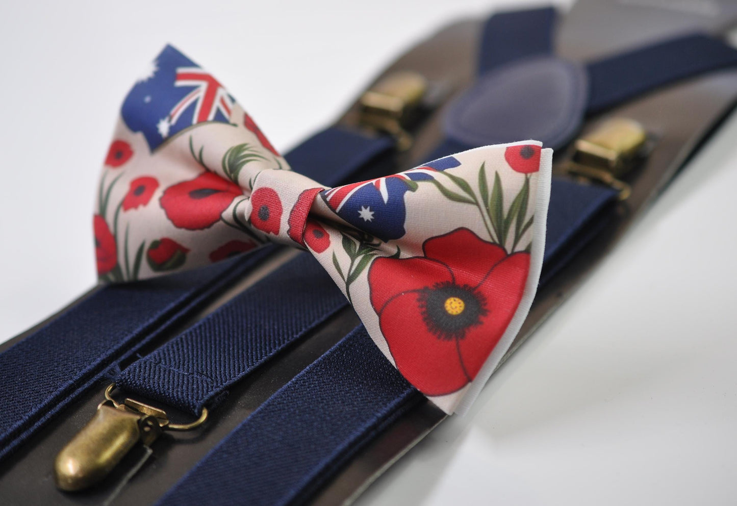 Anzac Day Australia Flag Poppy Cotton Bow tie + Navy Blue Elastic Suspenders Braces for Men / Youth Teenage / Boy Kids / Baby Infant Todler