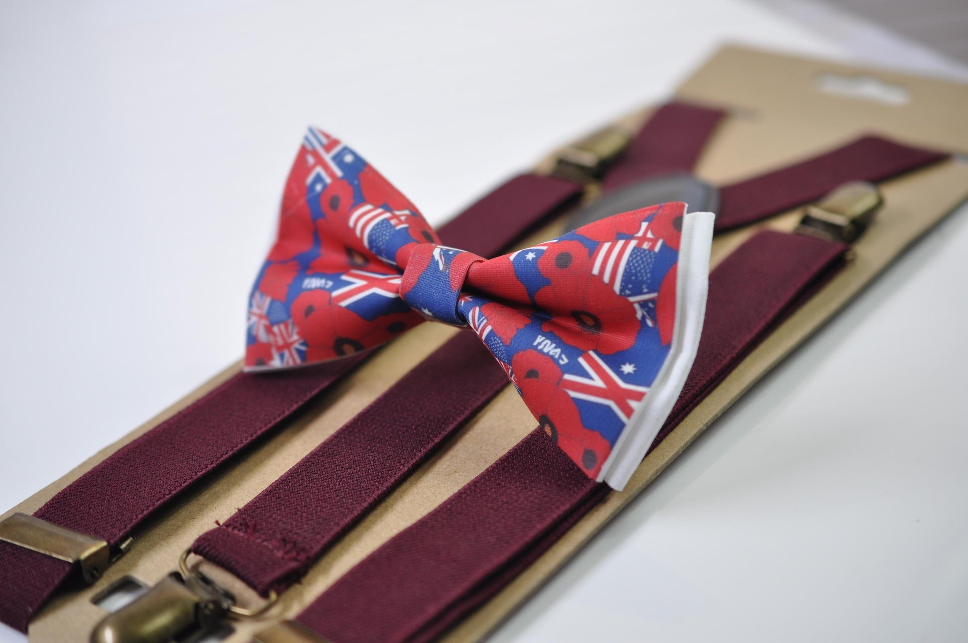 Anzac Day Australia Flag Poppy Cotton Bow tie + Wine Red Elastic Suspenders Braces for Men / Youth Teenage / Boy Kids / Baby Infant Todler