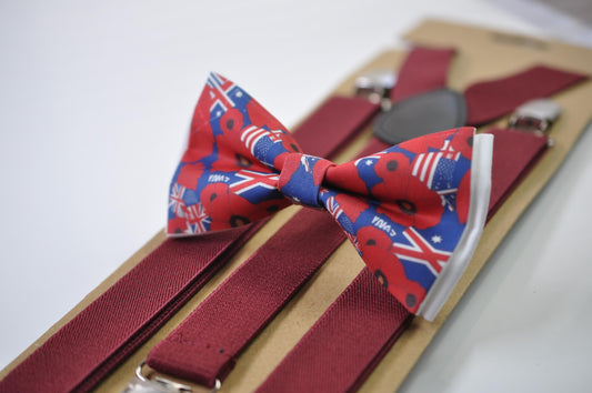 Anzac Day Australia Flag Poppy Cotton Bow tie + Wine Red Elastic Suspenders Braces for Men / Youth Teenage / Boy Kids / Baby Infant Todler