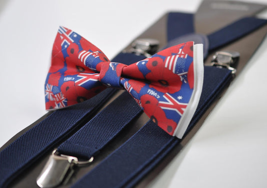 Anzac Day Australia Flag Poppy Cotton Bow tie + Navy Blue Elastic Suspenders Braces for Men / Youth Teenage / Boy Kids / Baby Infant Todler