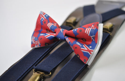Anzac Day Australia Flag Poppy Cotton Bow tie + Navy Blue Elastic Suspenders Braces for Men / Youth Teenage / Boy Kids / Baby Infant Todler