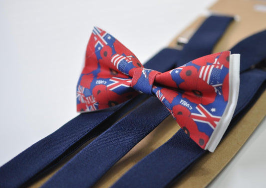 Anzac Day Australia Flag Poppy Cotton Bow tie + Navy Blue Elastic Suspenders Braces for Men / Youth Teenage / Boy Kids / Baby Infant Todler