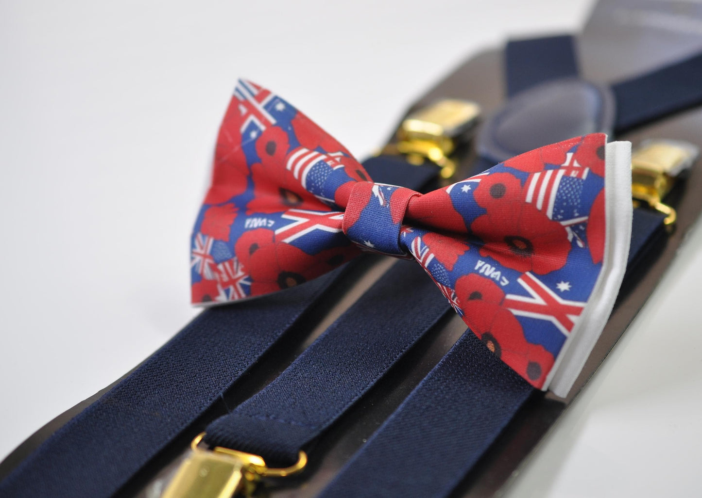 Anzac Day Australia Flag Poppy Cotton Bow tie + Navy Blue Elastic Suspenders Braces for Men / Youth Teenage / Boy Kids / Baby Infant Todler