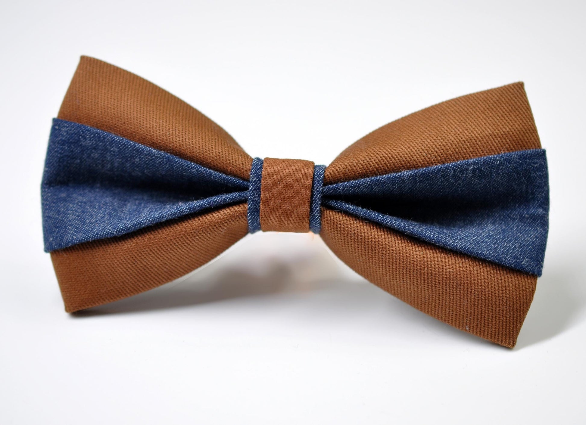Tan Cotton and Navy Denim Bow tie Bowtie + Tan Brown Elastic Suspenders Braces Men / Youth/ Boys Kids / Baby Infant Toddler