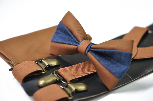 Tan Cotton and Navy Denim Bow tie Bowtie + Tan Brown Elastic Suspenders Braces Men / Youth/ Boys Kids / Baby Infant Toddler