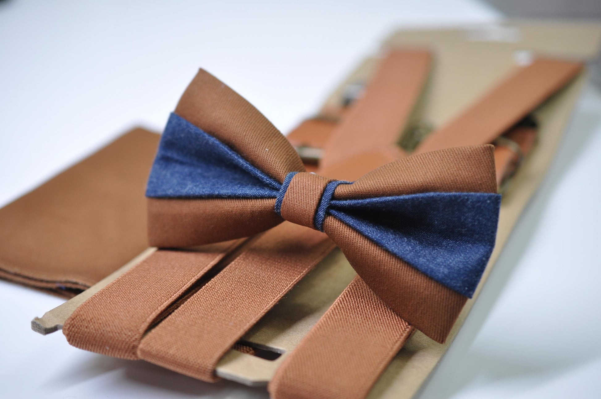 Tan Cotton and Navy Denim Bow tie Bowtie + Tan Brown Elastic Suspenders Braces Men / Youth/ Boys Kids / Baby Infant Toddler