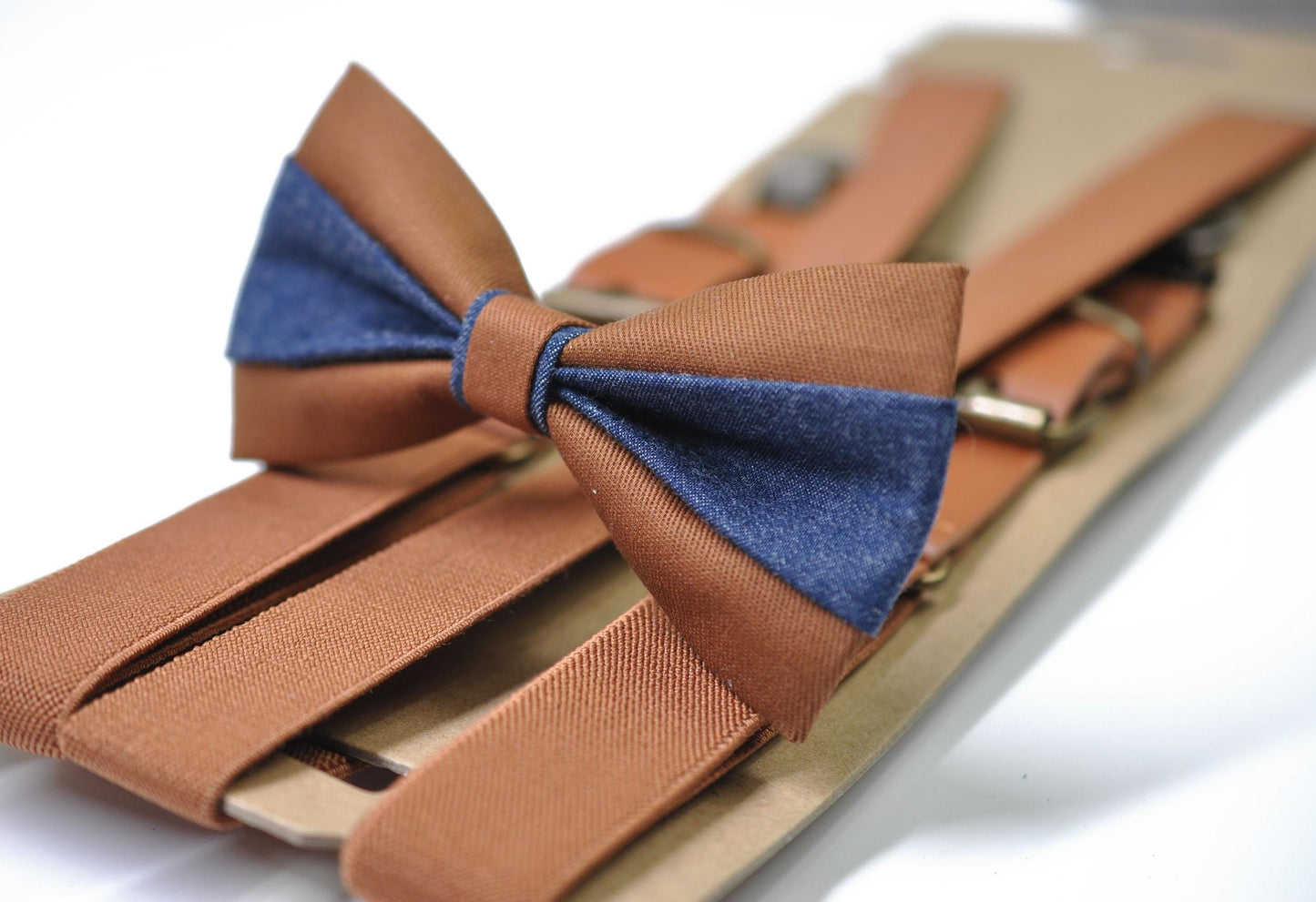 Tan Cotton and Navy Denim Bow tie Bowtie + Tan Brown Elastic Suspenders Braces Men / Youth/ Boys Kids / Baby Infant Toddler