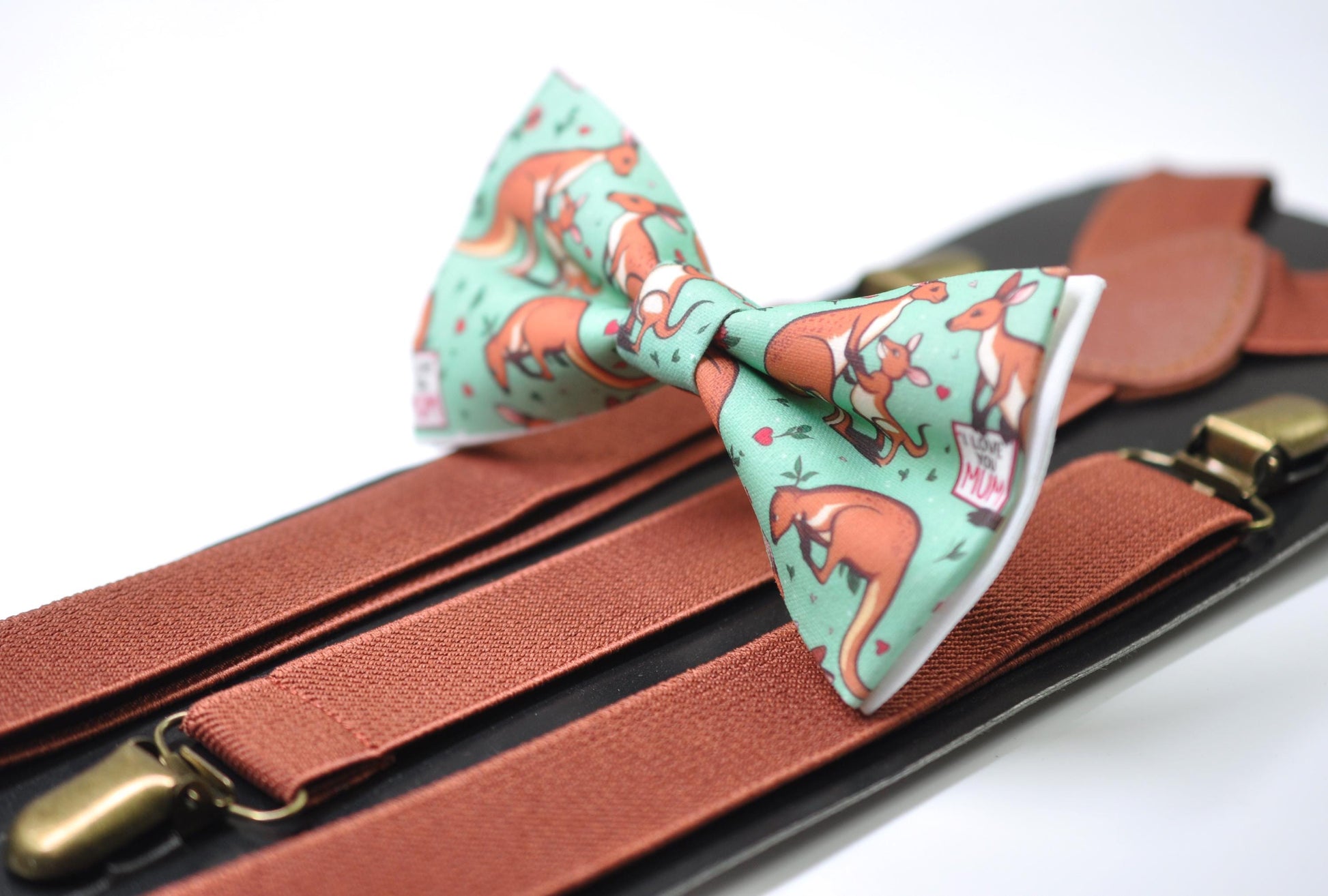 Kangaroo Happy Mothers day Carnations Bow tie + Rust Elastic Suspenders Braces for Men / Youth Teenage / Boy Kids / Baby Infant Toddler