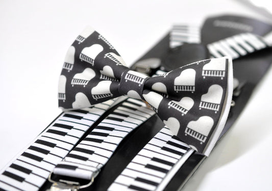 Black White Cotton Music Piano Keyboard Bow Tie + Piano Keyboard Suspenders Braces for Men / Youth Teenage / Boy Kids / Baby Infant Toddler