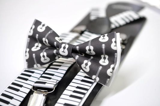 Black White Cotton Music Guitar Bow Tie + Piano Keyboard Suspenders Braces for Men / Youth Teenage / Boy Kids / Baby Infant Toddler