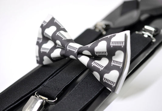 Black White Cotton Music Piano Keyboard Bow Tie + Black Elastic Suspenders Braces for Men / Youth Teenage / Boy Kids / Baby Infant Toddler