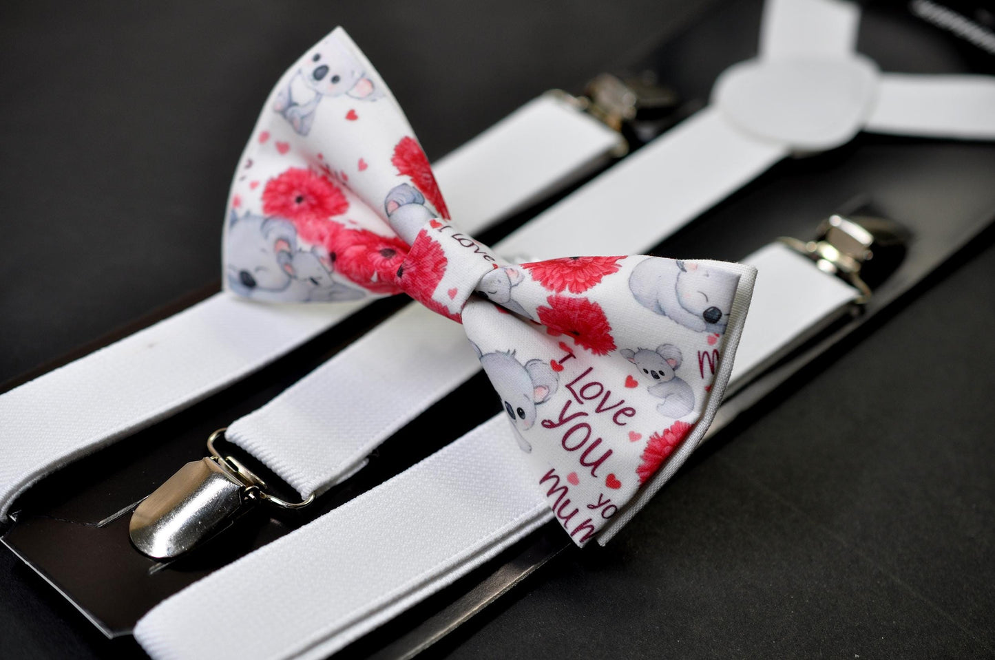 Koala Happy Mothers day Carnations Bow tie + White Elastic Suspenders Braces for Men / Youth Teenage / Boy Kids / Baby Infant Toddler