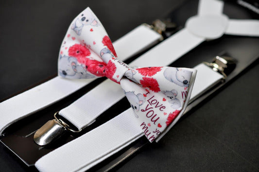 Koala Happy Mothers day Carnations Bow tie + White Elastic Suspenders Braces for Men / Youth Teenage / Boy Kids / Baby Infant Toddler