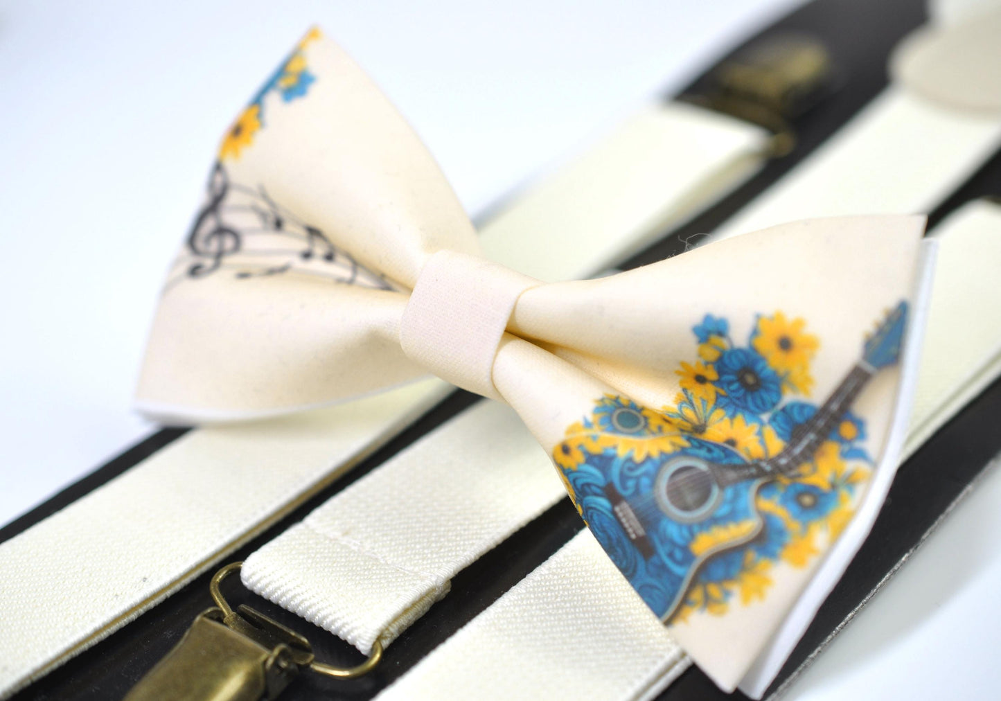 Teal Music Guitar Ivory Beige Cotton Bow Tie Bow tie + Ivory Elastic Suspenders Braces for Men / Youth / Boy Kids / Baby Infant Toddler