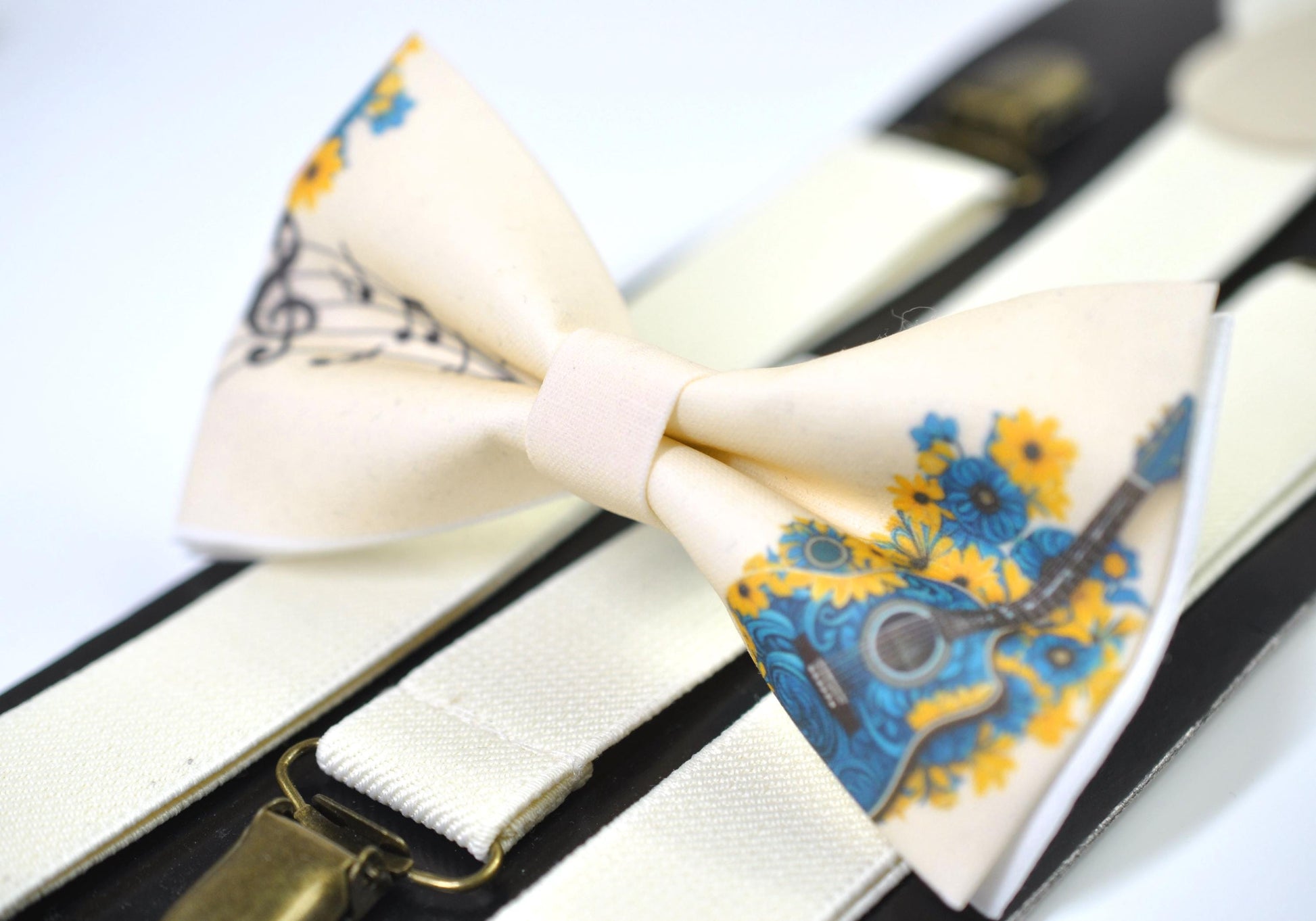 Teal Music Guitar Ivory Beige Cotton Bow Tie Bow tie + Ivory Elastic Suspenders Braces for Men / Youth / Boy Kids / Baby Infant Toddler