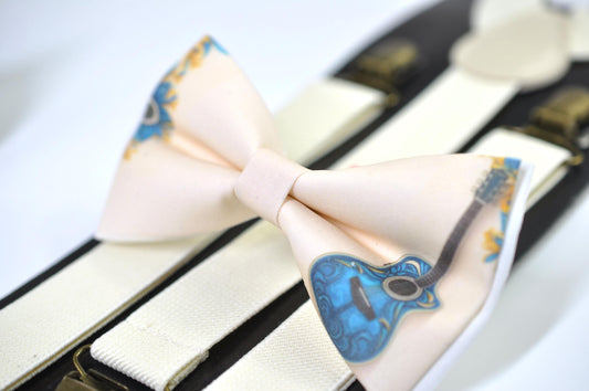 Teal Music Guitar Ivory Beige Cotton Bow Tie Bow tie + Ivory Elastic Suspenders Braces for Men / Youth / Boy Kids / Baby Infant Toddler