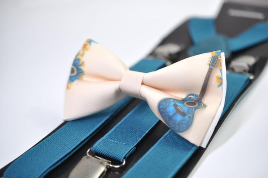 Teal Music Guitar Ivory Beige Cotton Bow Tie Bow tie + Teal Blue Elastic Suspenders Braces for Men / Youth / Boy Kids / Baby Infant Toddler