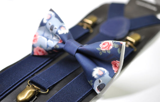 Koala Happy Mothers day Carnations Bow tie + Navy Blue Elastic Suspenders Braces for Men / Youth Teenage / Boy Kids / Baby Infant Toddler