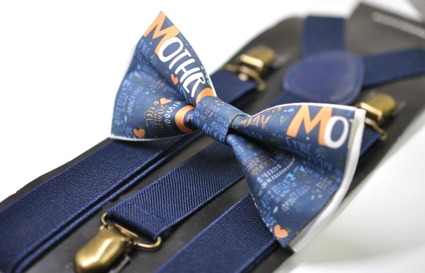 Happy Mothers day Words Cloud Bow tie + Navy Blue Elastic Suspenders Braces for Men / Youth Teenage / Boy Kids / Baby Infant Toddler