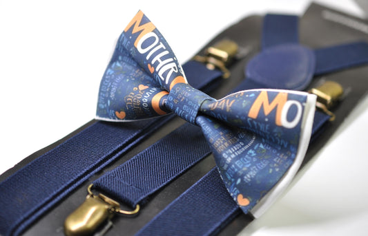 Happy Mothers day Words Cloud Bow tie + Navy Blue Elastic Suspenders Braces for Men / Youth Teenage / Boy Kids / Baby Infant Toddler