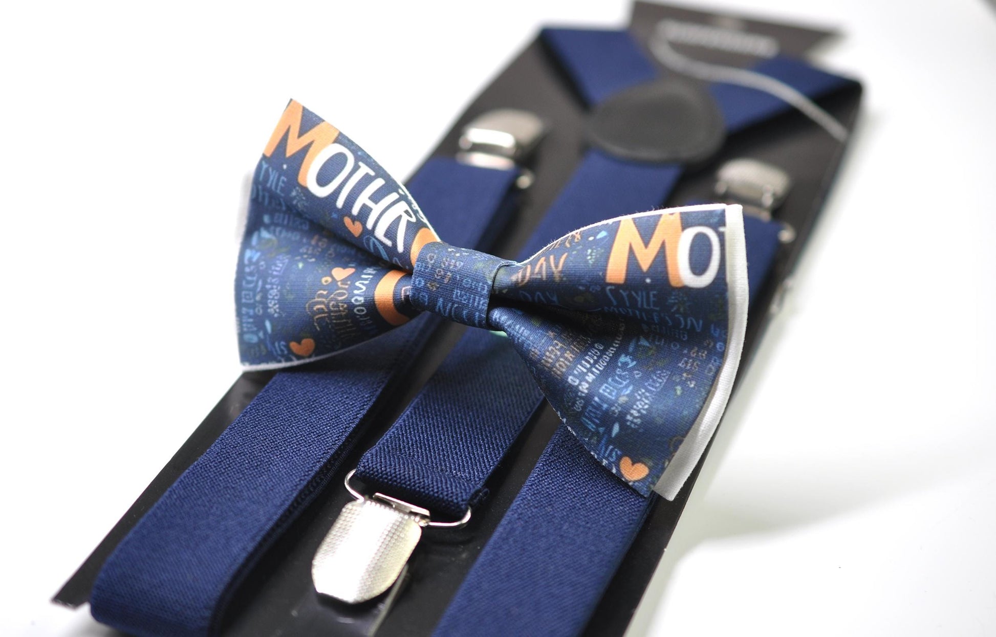 Happy Mothers day Words Cloud Bow tie + Navy Blue Elastic Suspenders Braces for Men / Youth Teenage / Boy Kids / Baby Infant Toddler