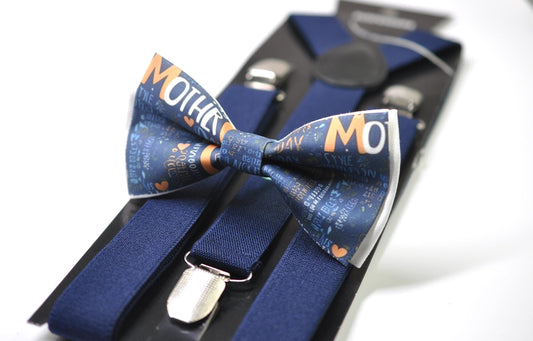 Happy Mothers day Words Cloud Bow tie + Navy Blue Elastic Suspenders Braces for Men / Youth Teenage / Boy Kids / Baby Infant Toddler