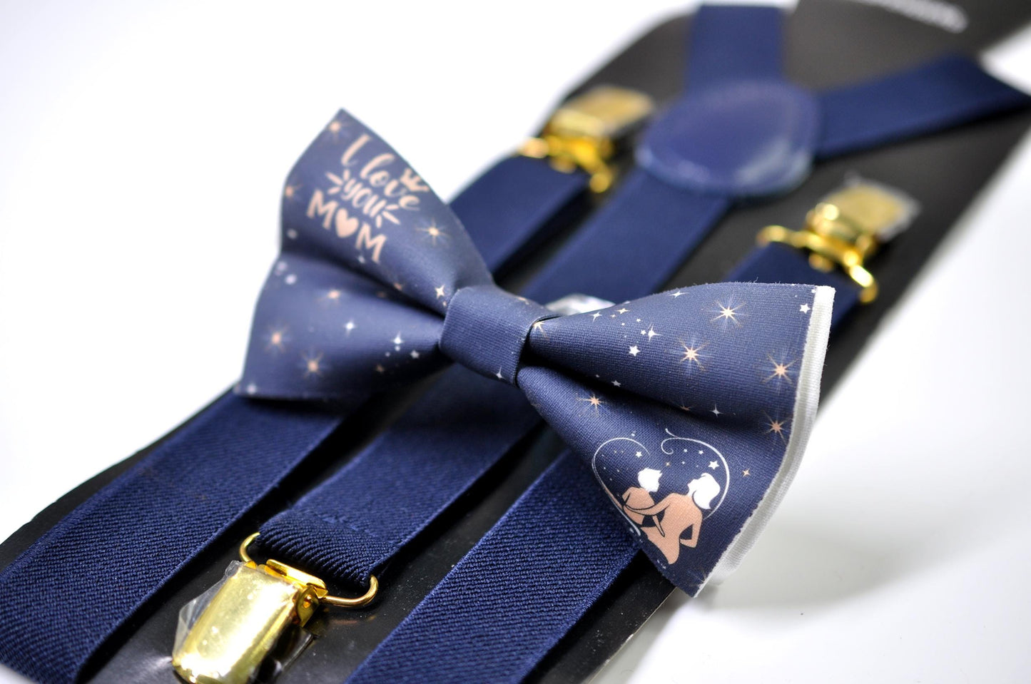 Happy Mothers day Starry Sky Bow tie + Navy Blue Elastic Suspenders Braces for Men / Youth Teenage / Boy Kids / Baby Infant Toddler