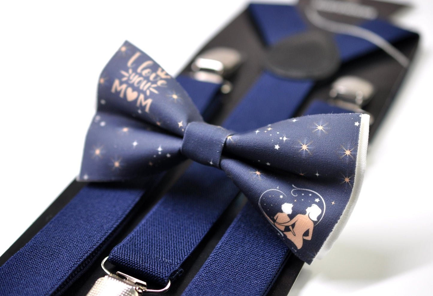 Happy Mothers day Starry Sky Bow tie + Navy Blue Elastic Suspenders Braces for Men / Youth Teenage / Boy Kids / Baby Infant Toddler
