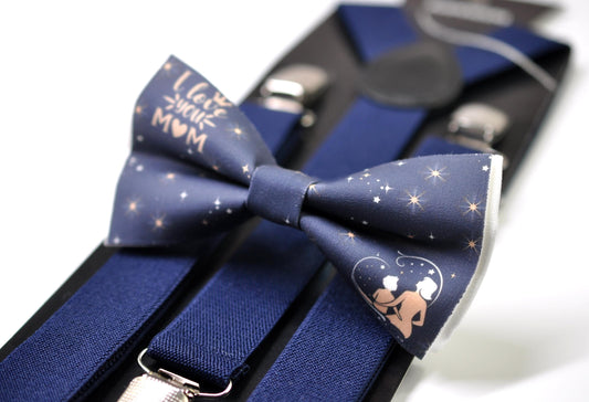 Happy Mothers day Starry Sky Bow tie + Navy Blue Elastic Suspenders Braces for Men / Youth Teenage / Boy Kids / Baby Infant Toddler