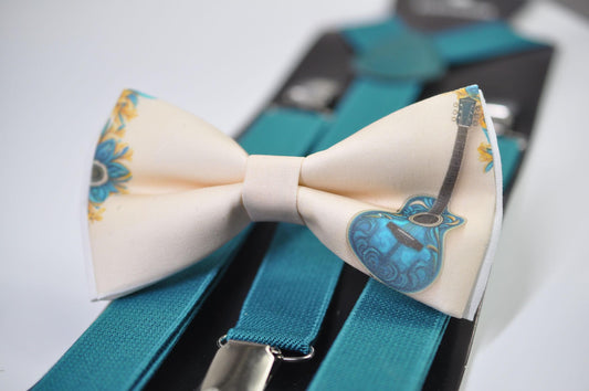 Teal Music Guitar Ivory Beige Cotton Bow Tie Bow tie + Teal Blue Elastic Suspenders Braces for Men / Youth / Boy Kids / Baby Infant Toddler
