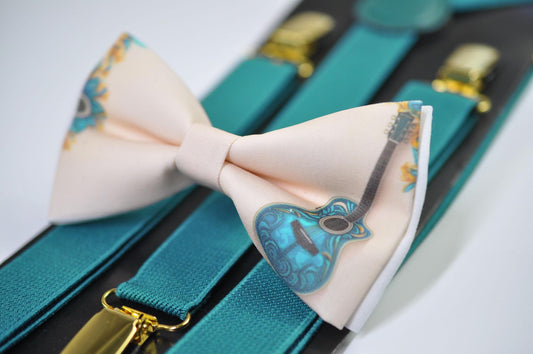 Teal Music Guitar Ivory Beige Cotton Bow Tie Bow tie + Teal Blue Elastic Suspenders Braces for Men / Youth / Boy Kids / Baby Infant Toddler