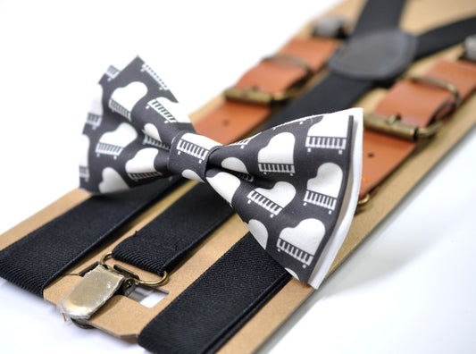 Black White Cotton Music Piano Keyboard Bow Tie + Black Tan Suspenders Braces for Men / Youth Teenage / Boy Kids / Baby Infant Toddler