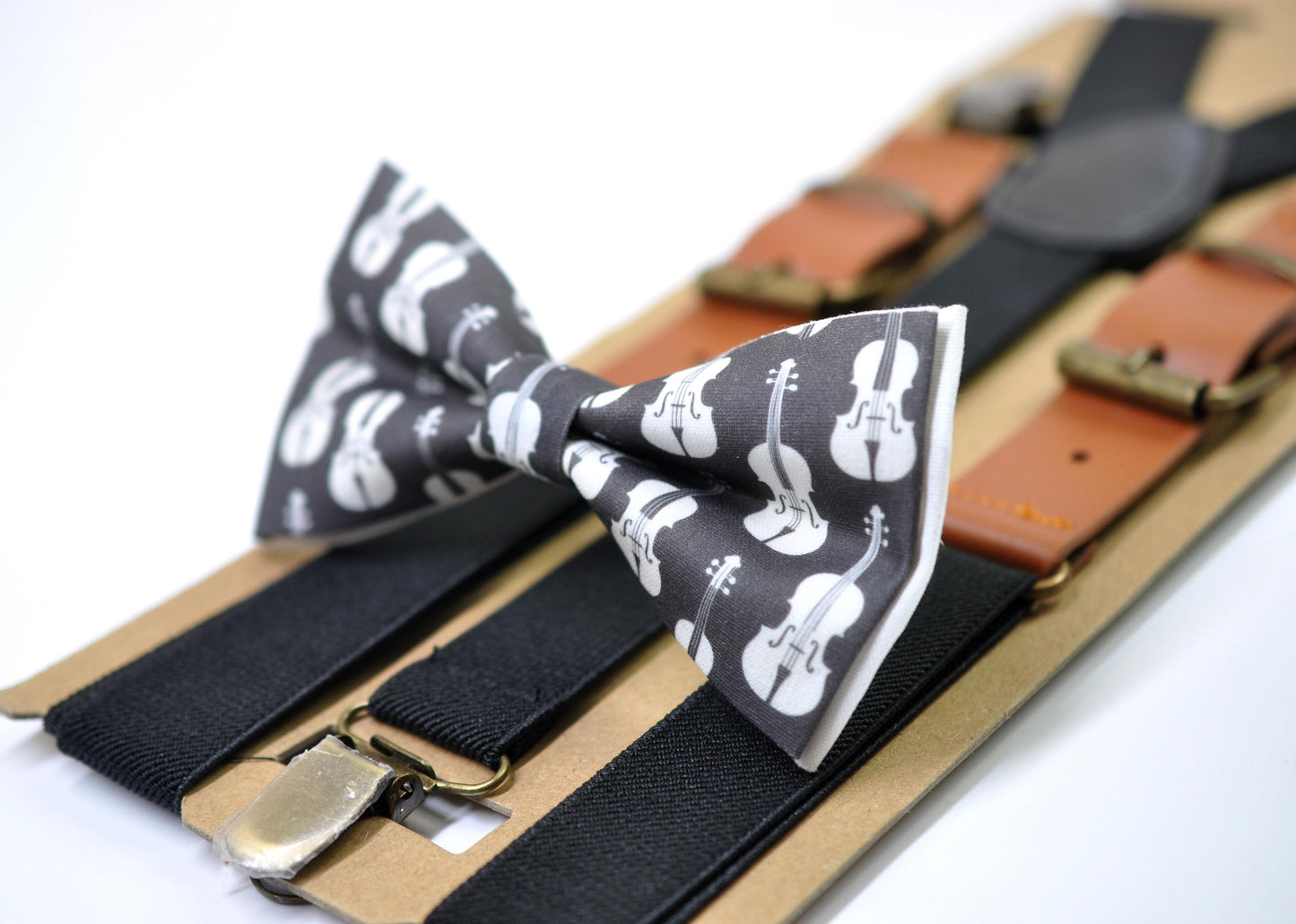 Black White Cotton Music Violin Bow Tie + Black Tan Suspenders Braces for Men / Youth Teenage / Boy Kids / Baby Infant Toddler