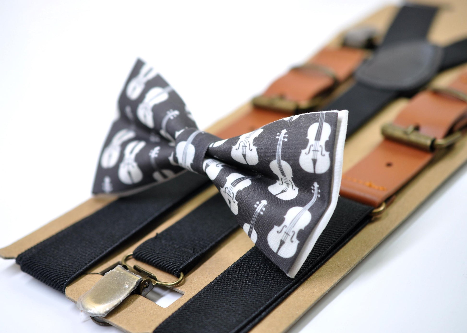 Black White Cotton Music Violin Bow Tie + Black Tan Suspenders Braces for Men / Youth Teenage / Boy Kids / Baby Infant Toddler