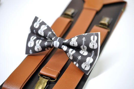 Black White Cotton Music Violin Bow Tie + Tan Faux leather Adjustable Suspenders Braces for Men / Youth / Boy Kids / Baby Infant Toddler