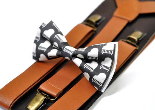 Black White Cotton Music Piano Keyboards Bow Tie + Tan Faux leather Suspenders Braces for Men / Youth / Boy Kids / Baby Infant Toddler
