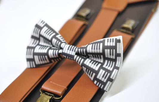 Black White Cotton Music Piano Keyboards Bow Tie + Tan Faux leather Suspenders Braces for Men / Youth / Boy Kids / Baby Infant Toddler