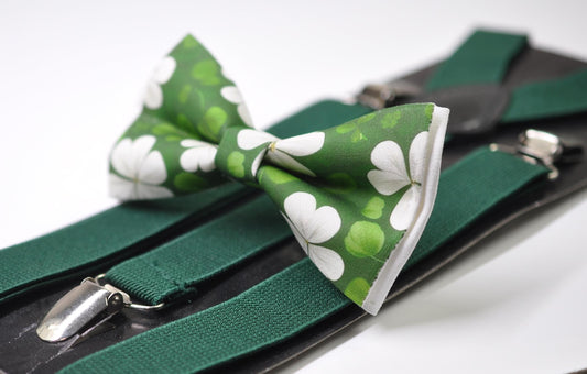 Happy St Patrick’s Day Green Clover Three-leaf Clovers Bow tie + GREEN Suspenders Braces for Men / Youth / Boy Kids / Baby Infant Toddler