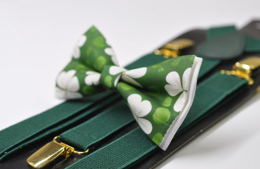 Happy St Patrick’s Day Green Clover Three-leaf Clovers Bow tie + GREEN Suspenders Braces for Men / Youth / Boy Kids / Baby Infant Toddler