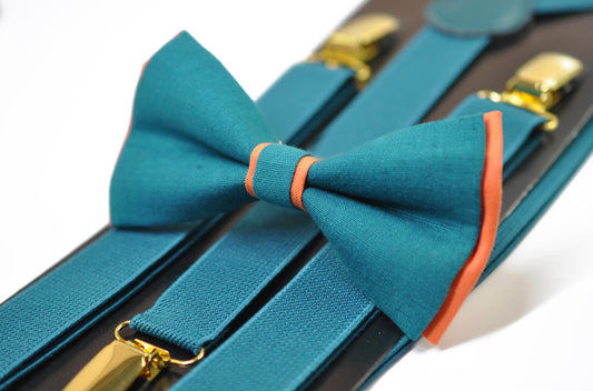 Coral Orange Teal Blue Cotton Bow tie Bowtie + Teal Blue Elastic Suspenders Braces for Men / Youth/ Boys Kids / Baby Infant Toddler
