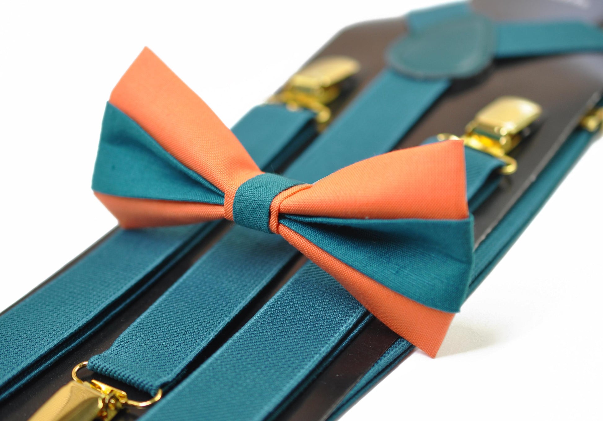 Coral Orange Teal Blue Cotton Bow tie Bowtie + Teal Blue Elastic Suspenders Braces for Men / Youth/ Boys Kids / Baby Infant Toddler