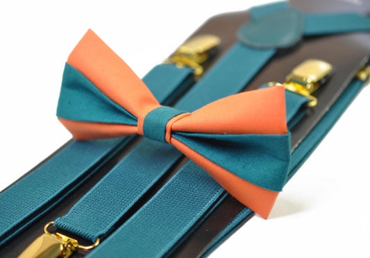 Coral Orange Teal Blue Cotton Bow tie Bowtie + Teal Blue Elastic Suspenders Braces for Men / Youth/ Boys Kids / Baby Infant Toddler
