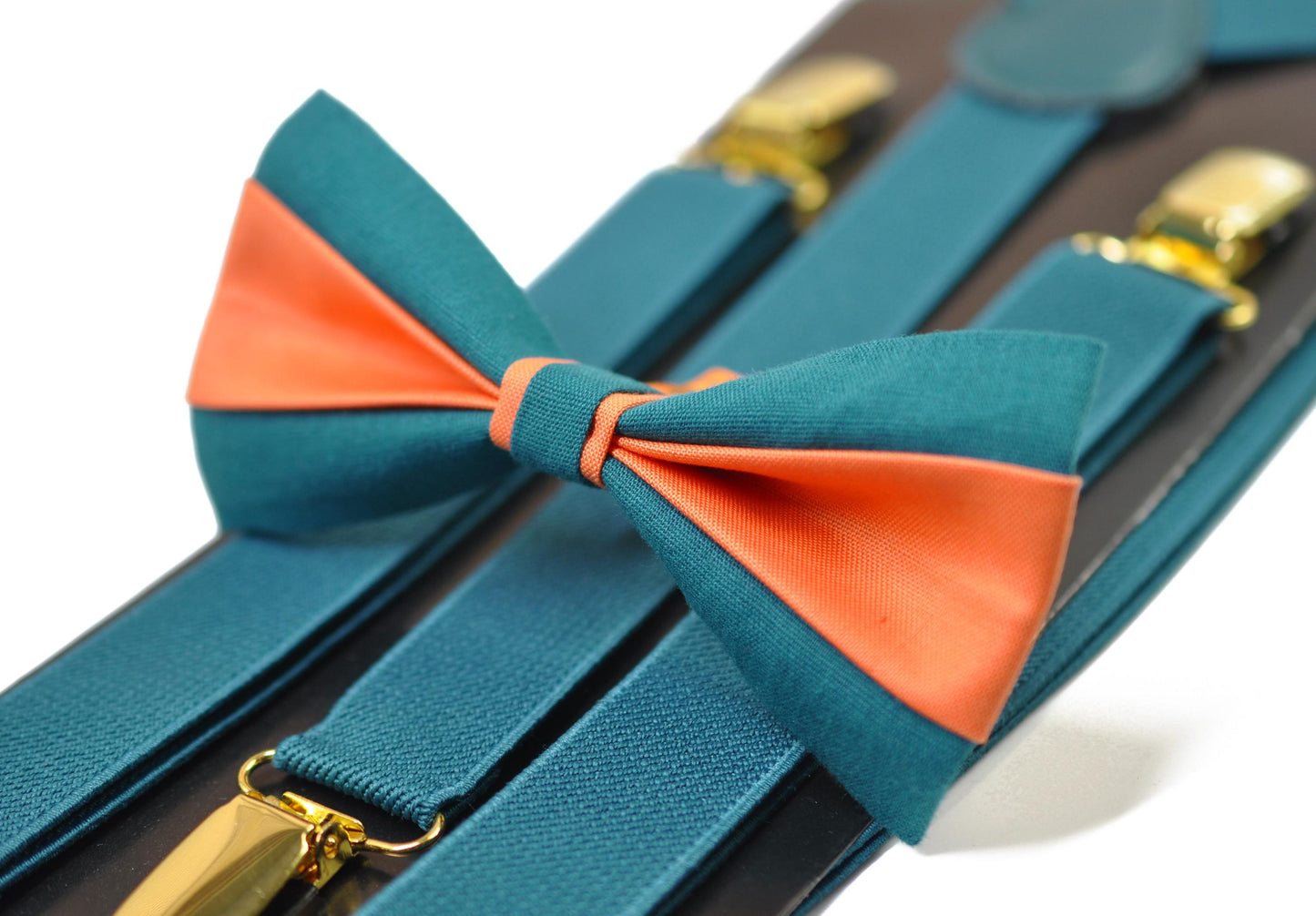 Coral Orange Teal Blue Cotton Bow tie Bowtie + Teal Blue Elastic Suspenders Braces for Men / Youth/ Boys Kids / Baby Infant Toddler